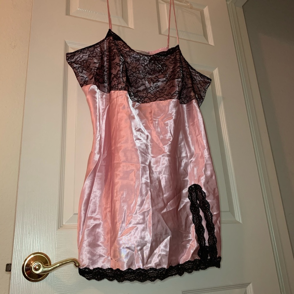 Cacique Pink Satin with Black Lace Nightie